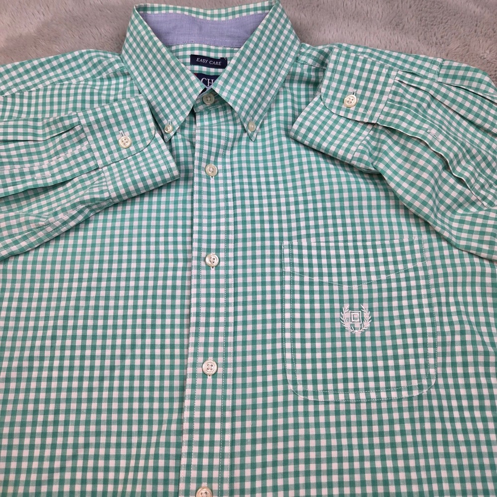 Chaps Button Down Shirt Mens Large Green White Gingham Easy Care Long Sleeve